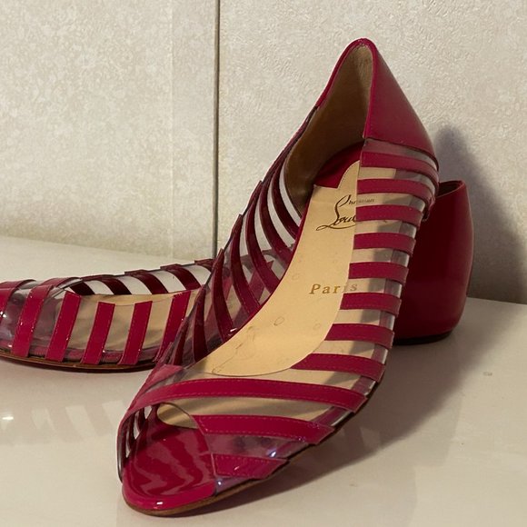 CHRISTIAN LOUBOUTIN Sz 37.5 Cyclamen Pink Patent Leather & PVC Ballet Flats Shoe